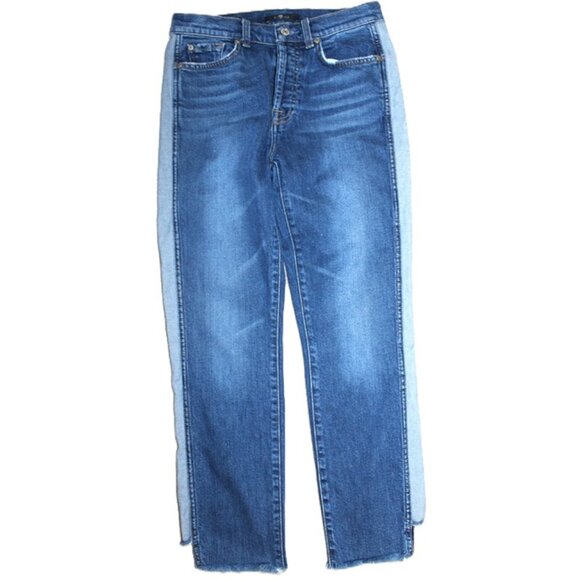 7 FOR ALL MANKIND Josefina Contrast Panel High-Rise Cropped Blue Jeans - Size 27 - Picture 1 of 15